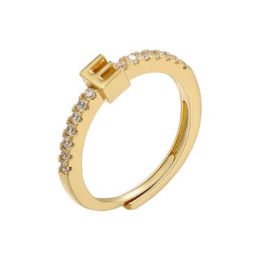 Imagem de LKingel Anéis de ouro para mulheres delicados ajustáveis anéis abertos empilháveis com letras maiúsculas anéis de zircônia brilhante joias presente de formatura, Metal, Sem pedra preciosa