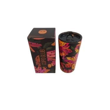 Imagem de Copo Glub Farm Flor de Banana, Copo Térmico com Tampa, Preto e Laranja com Estampa Flor de Banana, 500ml