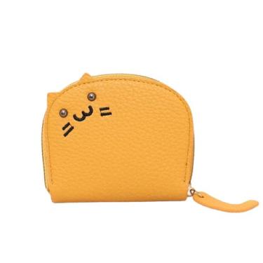 Imagem de Elegante porta-moedas para mulheres – Bolsa elegante com tema de gato com estampa de lichia e porta-cartão de poliuretano, perfeita como carteira de gato ou bolsa de moedas, Amarelo, Leve
