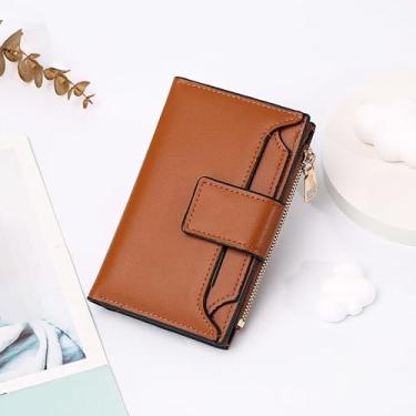 Imagem de Carteira feminina compacta com zíper - organizador de vários cartões e bolso para moedas, bolsa de couro com bloqueio de RFID, Marrom, Moderno