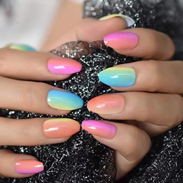 Imagem de Unhas postiças multicoloridas brilhantes cores arco-íris comprimento médio caixão unhas postiças cobertura completa kits de manicure