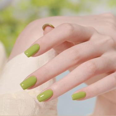 Imagem de Pregos postiços quadrados curtos verdes pregos postiços cobertura completa unhas acrílicas prensas 24 peças cola nas unhas para mulheres com bastão brilhante