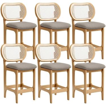 Imagem de Kit 6 Banquetas Baixa Bar Cozinha Sala De Jantar Betta L02 Mel Tela Linho Bege - Lyam Decor