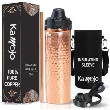 Imagem de Kamojo Garrafa de água de cobre para beber - Copo de cobre 100% puro martelado com tampa de botão, manga isolante removível e canudo - Copo ayurvédico feito à mão de 946 ml para água