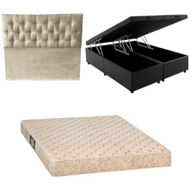 Imagem de Cama Box Baú Bipartida Blindada com Colchão de Espuma Toulon D33 + Cabeceira Botonê (CORINO PRETO, Casal Bipartido)