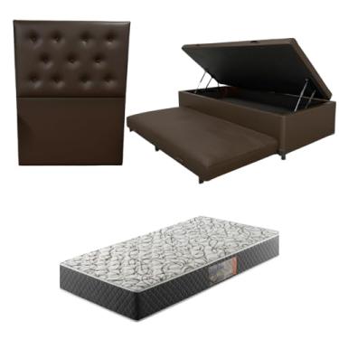 Imagem de Cama Box Baú Solteiro com Auxiliar (Bicama) + Colchão de Espuma D33 17cm | Kit Completo com Cabeceira Botonê Opcional | Diversas Cores (3, CORINO MARROM, COM CABECEIRA)