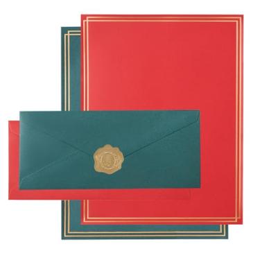 Imagem de Pacote com 50 conjuntos de artigos de papelaria de Natal, envelopes de negócios verde vermelho nº 10, 50 folhas de papel 21 x 28 cm e adesivos dourados para escritório, cartas, convites (21 x 27 cm)