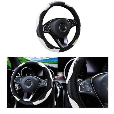 Imagem de Couslcd Capa de volante de carro, protetor de volante elástico de couro sintético de microfibra de fibra de carbono de 38 cm para homens e mulheres, antiderrapante, respirável, acessórios interiores