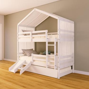 Imagem de Treliche Solteiro Casinha Cortina e Kit Escada/Escorregador Grade Proteção Madeira Maciça Branco Megamobilia