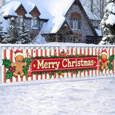 Imagem de BlissYard Banner de Natal 199 x 45 centímetros placa de homem de gengibre listras verdes vermelhas decoração de parede de natal bengala doce cenário interno para varanda de inverno cerca de quintal