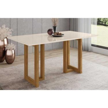 Imagem de Mesa De Sala Jantar Yara Sc78 + Tampo Madeirado Vidro Reto 160x90cm Nature-off White