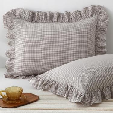 Imagem de Aryeleay Pacote com 2 capas de almofada xadrez marrom branco com babados, 100% algodão, guingão, quadriculado, fazenda, fronhas decorativas para cama/sofá - 50,8 x 91,6 cm