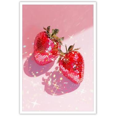 Imagem de Rosa Bling Disco Palha Bagas Pôsteres Festa Glam Espelho Fruta Tela Arte de Parede Estilo Moderno Brilhante Impressões Pintura Para Bar Carrinho Casa Quarto Dormitório Decoração de Parede 30 x 40 cm