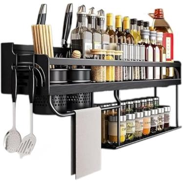 Imagem de Prateleira Organizadora de Cozinha 60cm Alumínio Preto – Suporte Porta-Temperos com 4 Porta-Facas, 2 Copos, 10 Ganchos e Kit de Montagem