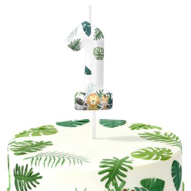 Imagem de Velas de aniversário de animais selvagens para bolo, velas número 1, decorações de aniversário, suprimentos de festa, topo de bolo safári na selva para decorações de festa temática para meninos e