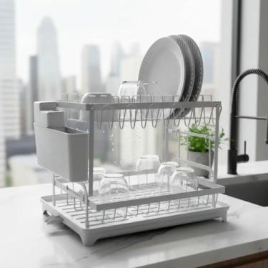 Imagem de Escorredor de Louças Premium 2 Andares, Metal com Pintura Eletrostática, Branco, Bico Direcionador 360°, Suportes para Talheres e Pratos, 42x29x29cm