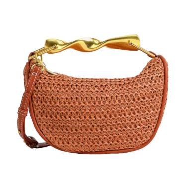 Imagem de Bolsa clutch feminina 2025 de palha para noite de verão com corrente cruzada cor dourada alça praia casamento, Laranja, 8.7 x 2.6 x 5.5 inches