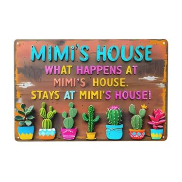 Imagem de Placa de metal vintage - "What Happens at Mimi's House" Decoração rústica de fazenda com design colorido de cactos, arte de parede durável em ferro externo/interno para casa, garagem, quintal
