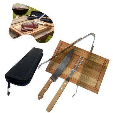 Imagem de Kit Churrasco Premium 3 Peças com Tábua em madeira com canaleta ideal para cortar Carnes, Frios, Barbecue, com Kit de Faca, Garfo, Pegador e Estojo de Transporte, Tamanho Grande 30x20cm.