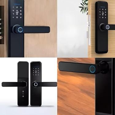 Imagem de Fechadura Digital Inteligente, Preta, Com Biometria, Senha Numérica, Bluetooth, Cartão RFID, Teclado Touch, Sistema de Segurança Residencial