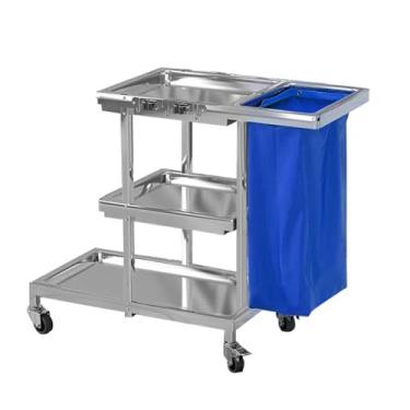 Imagem de TRGCJGH Carrinho de limpeza de aço inoxidável, carrinho de limpeza comercial, carrinho de limpeza de 3 prateleiras, carrinho de esfregão de grande capacidade com saco de vinil 65L (G, azul)