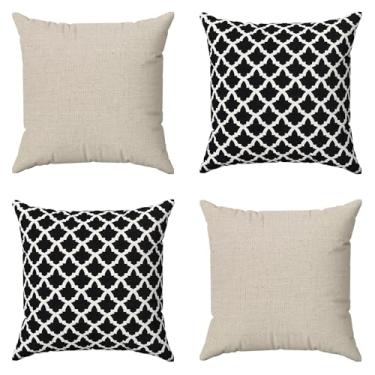 Imagem de Kit Capas De Almofadas 60x60 Decorativas Grandes Para Sofá Cama Bege Cru (Geométrica Preta)