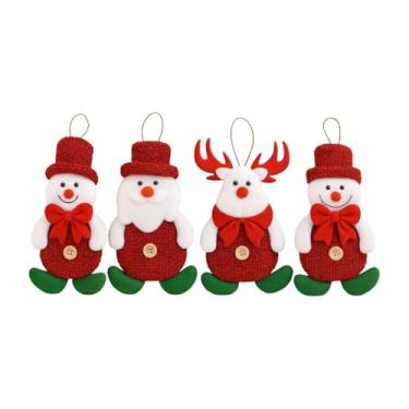 Imagem de Conjunto de 4 Decorações Natalinas Penduráveis, Personagens em Feltro e Tecido, 15 cm, Papai Noel, Rena e Bonecos de Neve, Vermelho e Branco com Detalhes em Verde