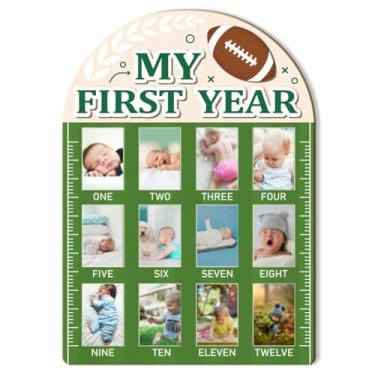 Imagem de ORIGACH Quadro de exibição de fotos My First Year Baby Growth, quadro de lembrança de madeira para recém-nascidos de 12 meses para decoração de primeiro aniversário e berçário, bola de rúgbi