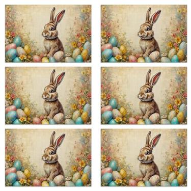 Imagem de Conjunto de 6 jogos americanos de mesa, tecido de linho impermeável, suporte antiderrapante e fácil de limpar, protetores de mesa de jantar elegantes para família e convidados (primavera coelhinho da