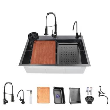 Imagem de ARTLINE Pia de cozinha preta, pia de aço inoxidável de tigela única com pulverizador de puxar para baixo e lavadora de copos, pia de estação de trabalho multifuncional com vários acessórios (75 x 45