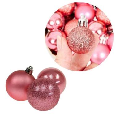 Imagem de Kit 15 Bolas de Natal Rosa 3cm Texturas Mistas Fosca, Glitter e Brilho