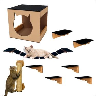 Imagem de Kit Playground Para Gatos 9 Peças Em MDF 6mm Gatificação Fixa De Parede Com Ponte Suspenso