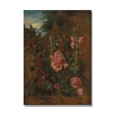 Imagem de NHLDZYH Impressão em tela estilo John Constable, (Estudo de Hollyhocks), painel de tela de paisagem romântica, decoração de parede com tema de natureza para quarto ou escritório. 30 x 42 cm. Somente