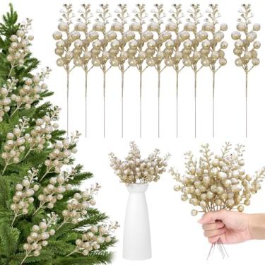 Imagem de 10 hastes douradas com glitter, palhetas douradas de 19 cm para árvore de Natal, palhetas artificiais de árvore de Natal, hastes de baga nevada para enfeites de decoração de árvore de Natal, guirlanda