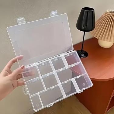 Imagem de 1 caixa de armazenamento de plástico transparente com 12 compartimentos com divisórias removíveis - organizador de mesa com ganchos práticos, fecho seguro e design elegante, ideal para joias, peças e