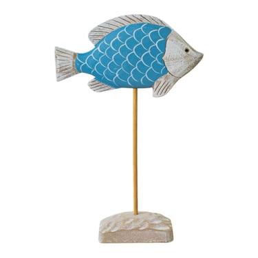 Imagem de MotiveTech Escultura de peixe de madeira em suporte, estátua, figura de animal marinho, decoração náutica para inauguração de casa ou jardim interno, Azul Claro