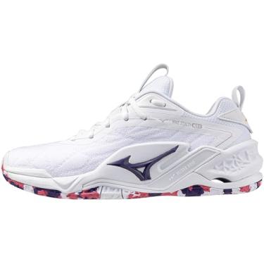 Imagem de Mizuno Tênis feminino Wave Stealth Neo para uso interno, Branco, roxo escuro, rosa escuro, 36