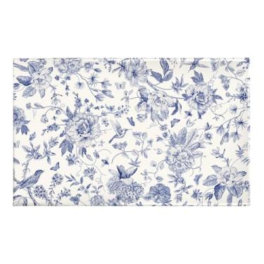 Imagem de Chinoiserie Tapete de banho de flores com folhas azuis 50,8 cm x 81,3 cm Tapete absorvente de pelúcia macio tapete antiderrapante para entrada, sala de estar, banheira de vaso sanitário