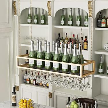 Imagem de Prateleiras flutuantes, corrente de metal, suporte de garrafa de vinho para pendurar no teto com taças, prateleira de armazenamento doméstico, decoração de casa