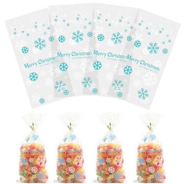 Imagem de Sacos de doces de Natal para homem de gengibre, saco de celofane, floco de neve, sacos de biscoito de Natal com laços torcidos 50 peças (azul)