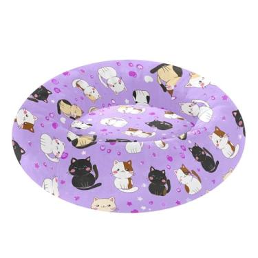 Imagem de SEHANY Cama de cachorro com estampa de gatos fofos, removível e lavável, pequena, redonda para gatos, cama fofa super macia para animais de estimação com fundo antiderrapante para cães pequenos e