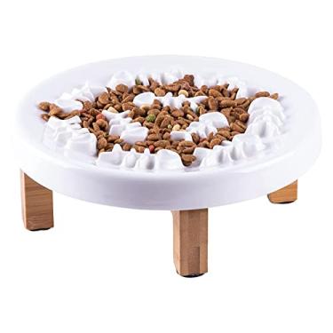 Imagem de Bacia para Cão e Gato Slow Feeder Prato de Porcelana Grande com Apoio Madeira Gobble Stopper Alimentador Interativo Inserto Ossos Peixe Comer Devagar