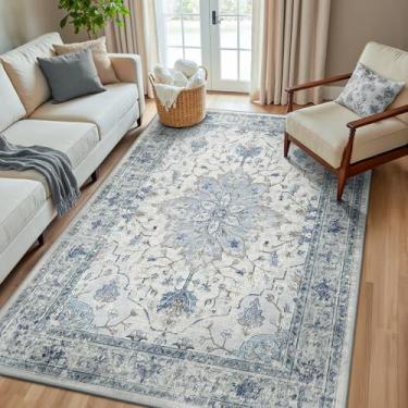 Imagem de RELEANY Tapetes de área 1,8 x 20,3 m, lavável, antiderrapante, floral, vintage, estampa de angústia, tapete medalhão para sala de estar, quarto, sala de jantar, azul claro, azul-marinho, bege, cinza