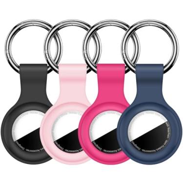 Imagem de Linsaner [Pacote com 4] Chaveiro compatível com AirTag para AirTag, suporte de silicone para AirTags, chaveiro, estojos, corrente para AirTag, GPS, acessórios para localizadores de itens, preto/rosa