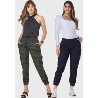Imagem de Kit 2 Calças Jogger HNO Jeans Bolso Lateral Camuflada e Azul Escuro-Feminino