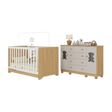 Imagem de Berço Americano 3 Em 1 Com Cômoda 2 Portas 4 Gavetas Fofura Multimóveis MP4728 Madeirado-off White
