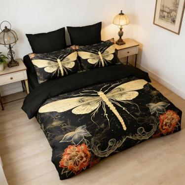 Imagem de CCoutueChen Conjunto de edredom de mariposa, tamanho casal, 3 peças, macio, vintage, flor vermelha, para meninas, decoração Hoilday, edredom alternativo com 2 fronhas/79 x 90