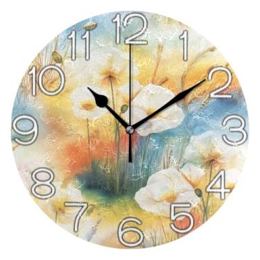 Imagem de Relógio de parede decorativo branco floral pastel analógico escritório cozinha relógio operado por bateria silencioso, arte de decoração moderna de meados do século, 25 cm, ponteiros pretos
