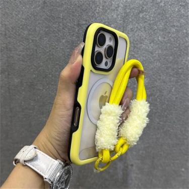 Imagem de Capa com alça de pulso magnética e carregador sem fio Candy Color Frame para iPhone 16, 13, 14, 15 Pro Max Plus, capa rígida transparente, amarela, para iPhone 14 Plus