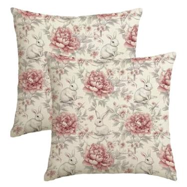 Imagem de NUTEEN Capas de almofada de primavera de Páscoa, pacote com 2 2 capas de almofada de folhas florais rosa coelhinho para ambientes externos, decoração de férias de primavera, capa de almofada de coelho